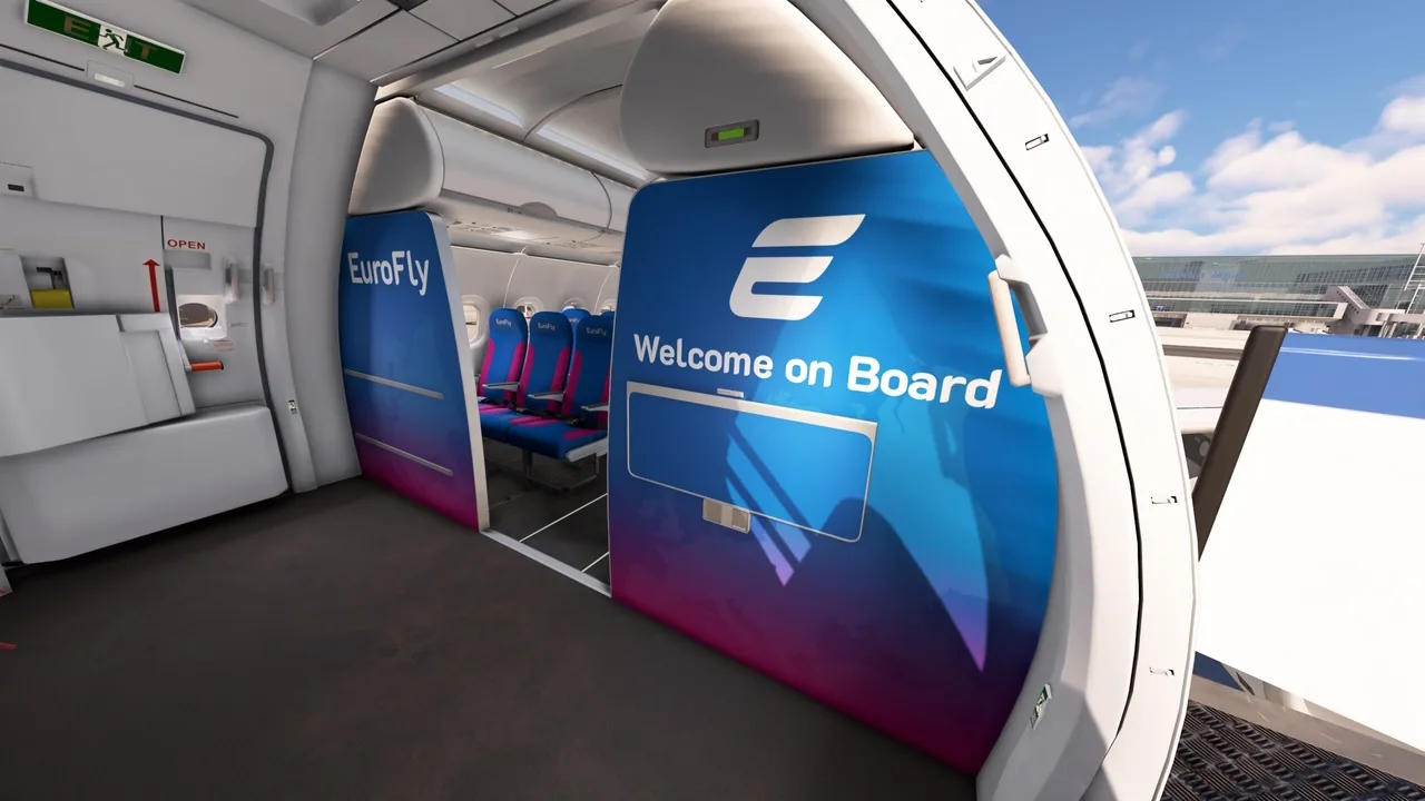 EuroFly welcome-on-board branding at the aircraft entrance